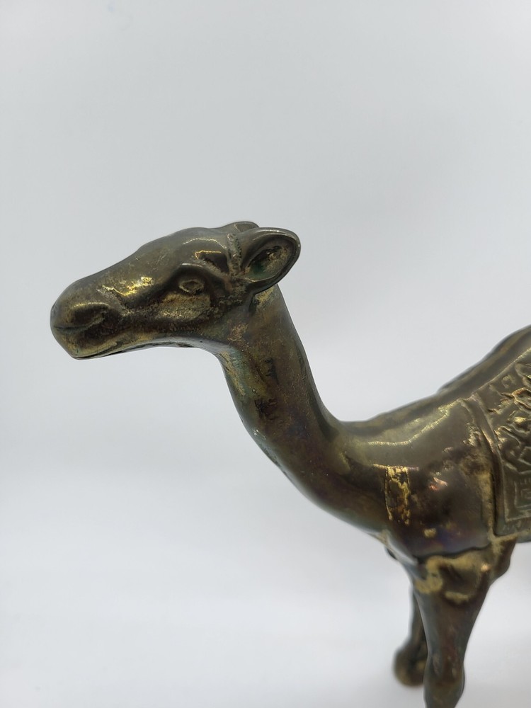 Vintage Solid Brass Camel Statue Figurine w/ Etched Embossed Blanket Design