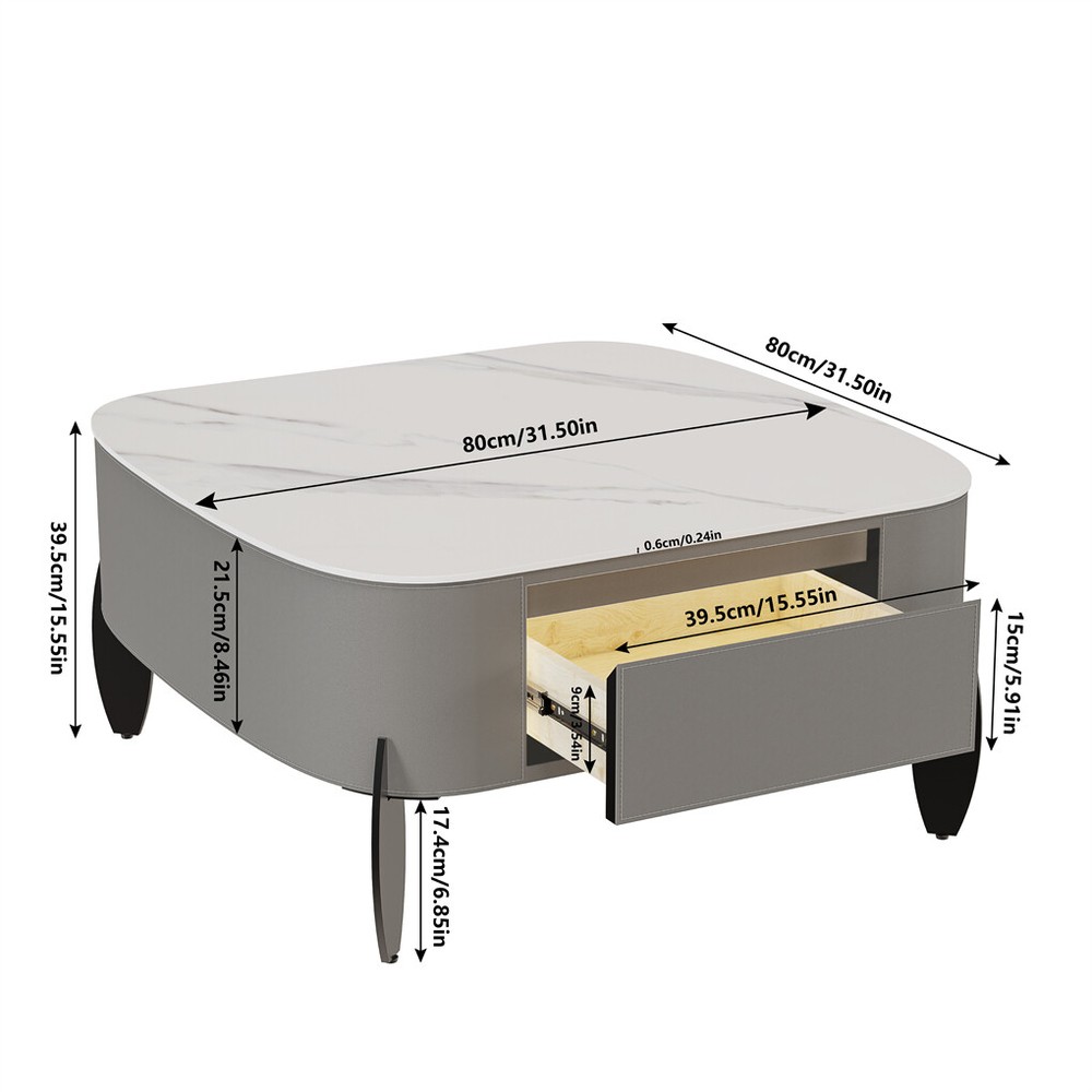 Square Marble Coffee Table Microfiber Saddle Leather Center Table with 2 Drawers