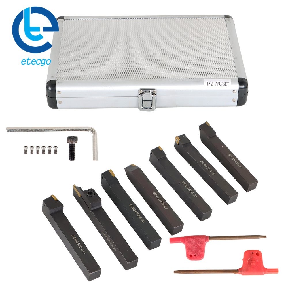 1/2" Lathe Turning Tools+Indexable Carbide Inserts With Storage Box 7Pcs