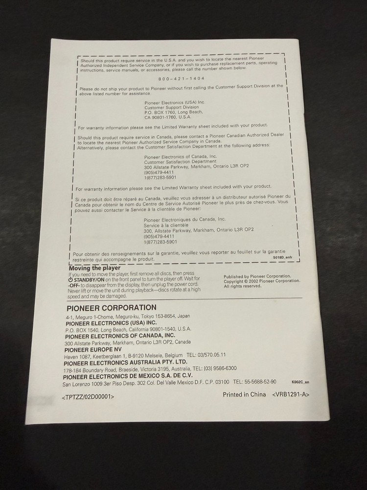 Pioneer DVD Player DV-C505 Instructions