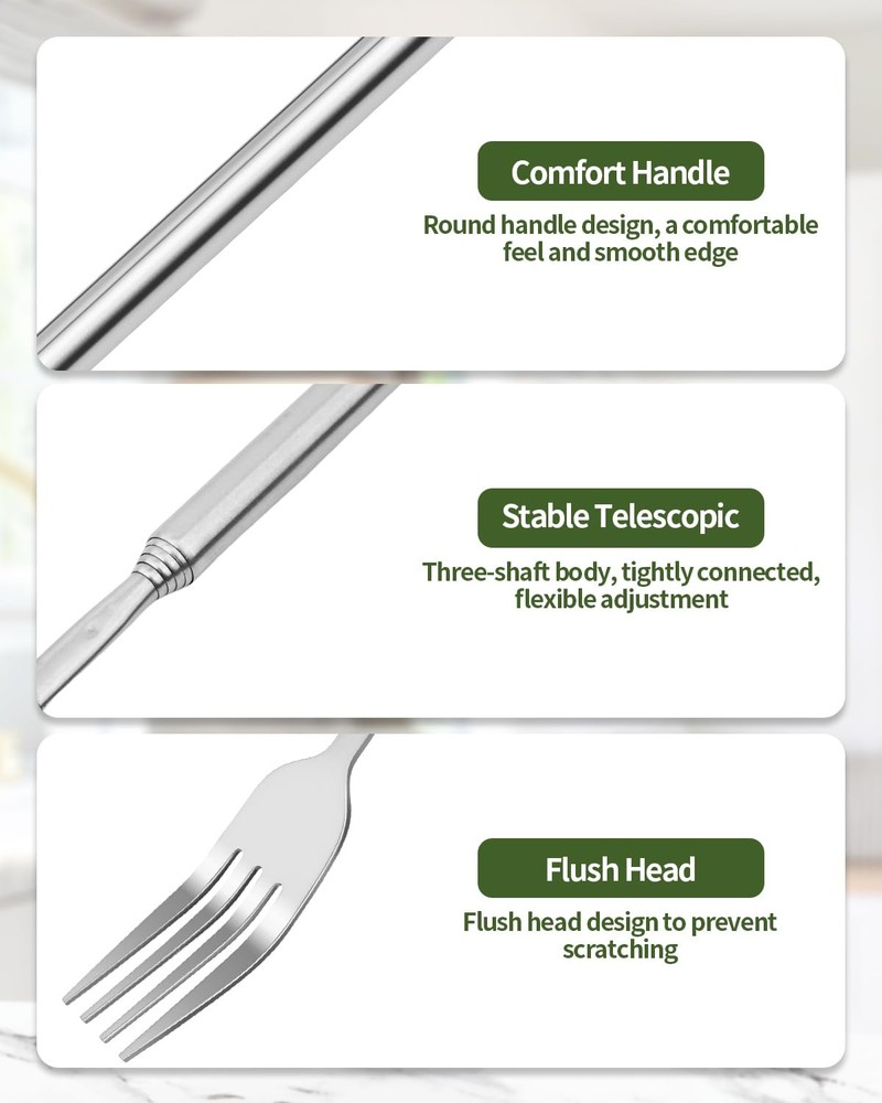 2 PCS Extendable Fork Spoon Set, Telescopic Stainless Steel Fork Spoon, Exten...