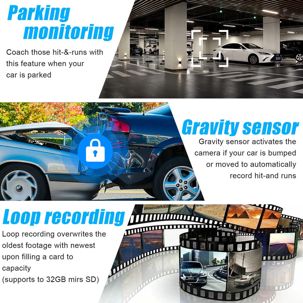 FHD 1080P Dash Camera Car DVR Front/Rear/Inside Recorder G-sensor Night Vision