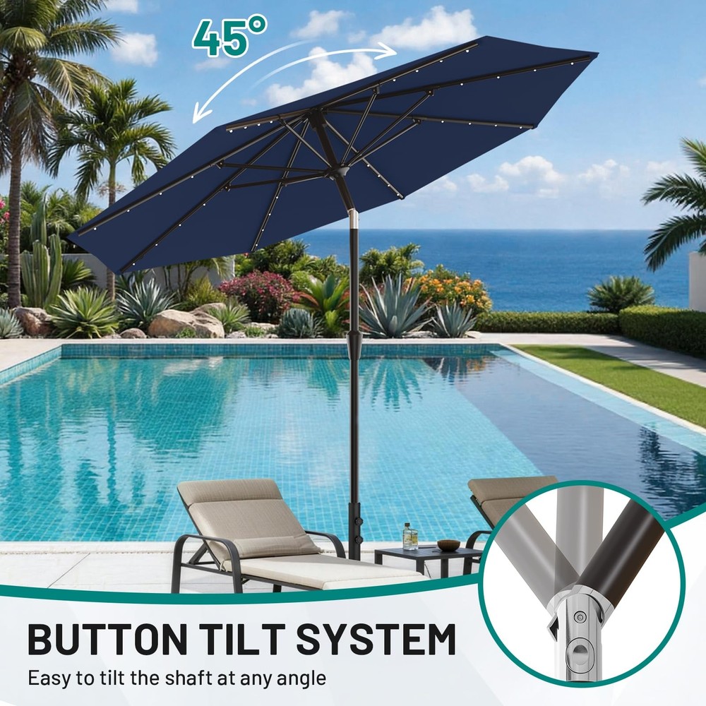 AreShark 9FT Patio Umbrella with Solar Lights, 32 Lighted Pool 9 FT, Navy
