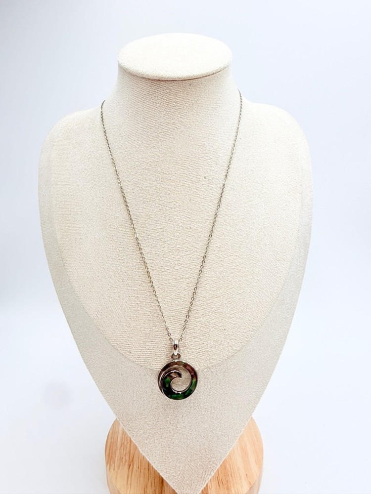 Abalone Shell Spiral Pendant Necklace – Silver Tone Iridescent Wave Design