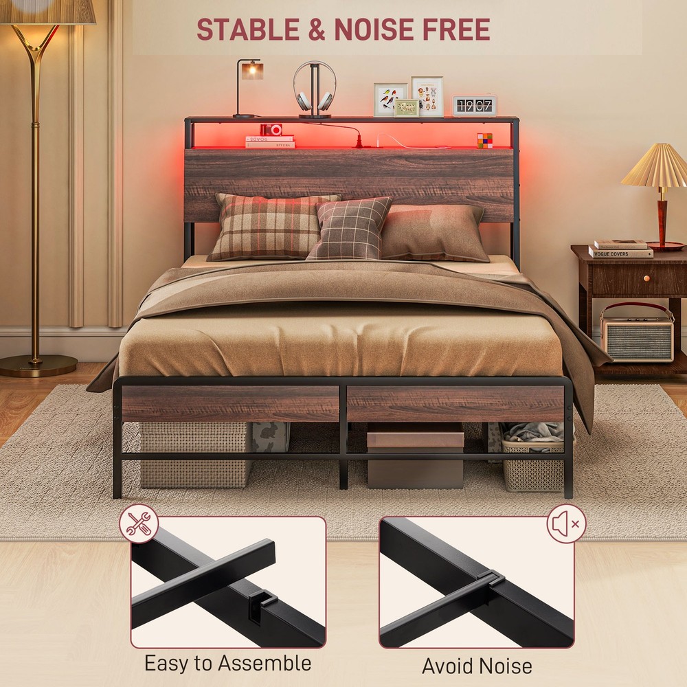 Full Size Bed Frame with Headboard, Platform Bed Frame with LED Lights