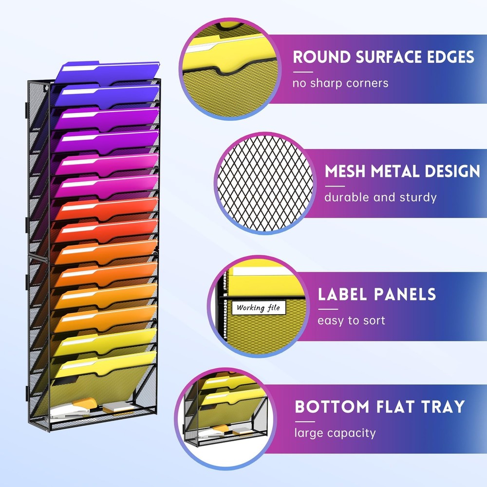 15-Tier Wall File Organizer, Wall File Holder Mesh Mail Organizer for Papers,...