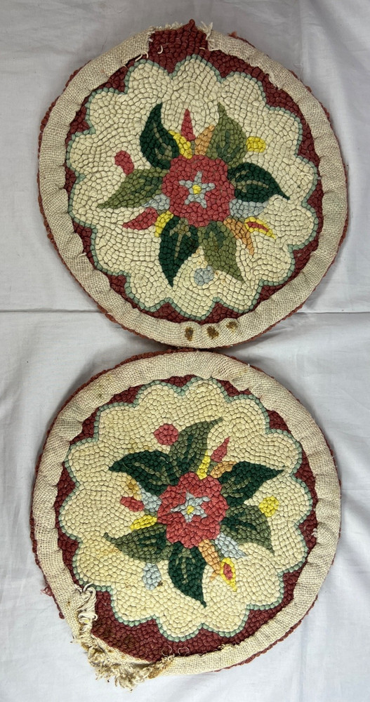Vintage Pair Hand Hooked Stool Pad Covers 14"