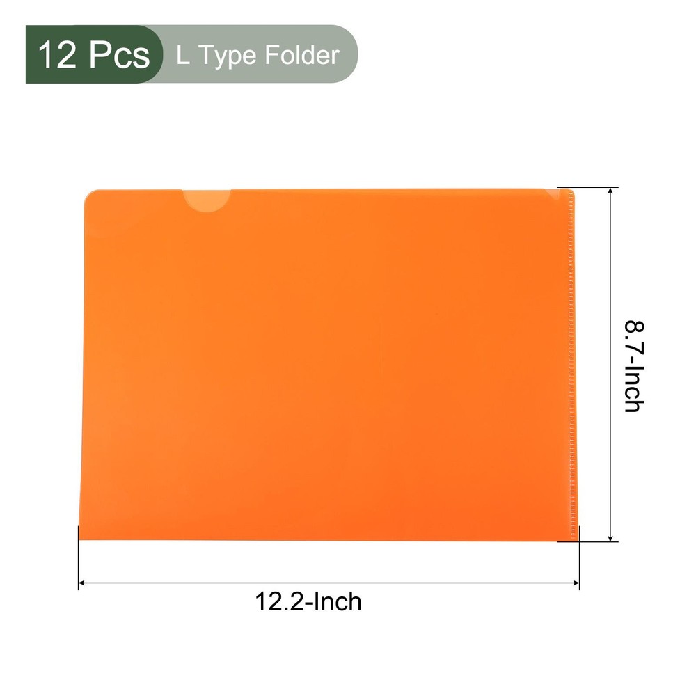 12 Pack L Type Folder, A4 Size Clear Project Pockets Plastic Folders (Orange)