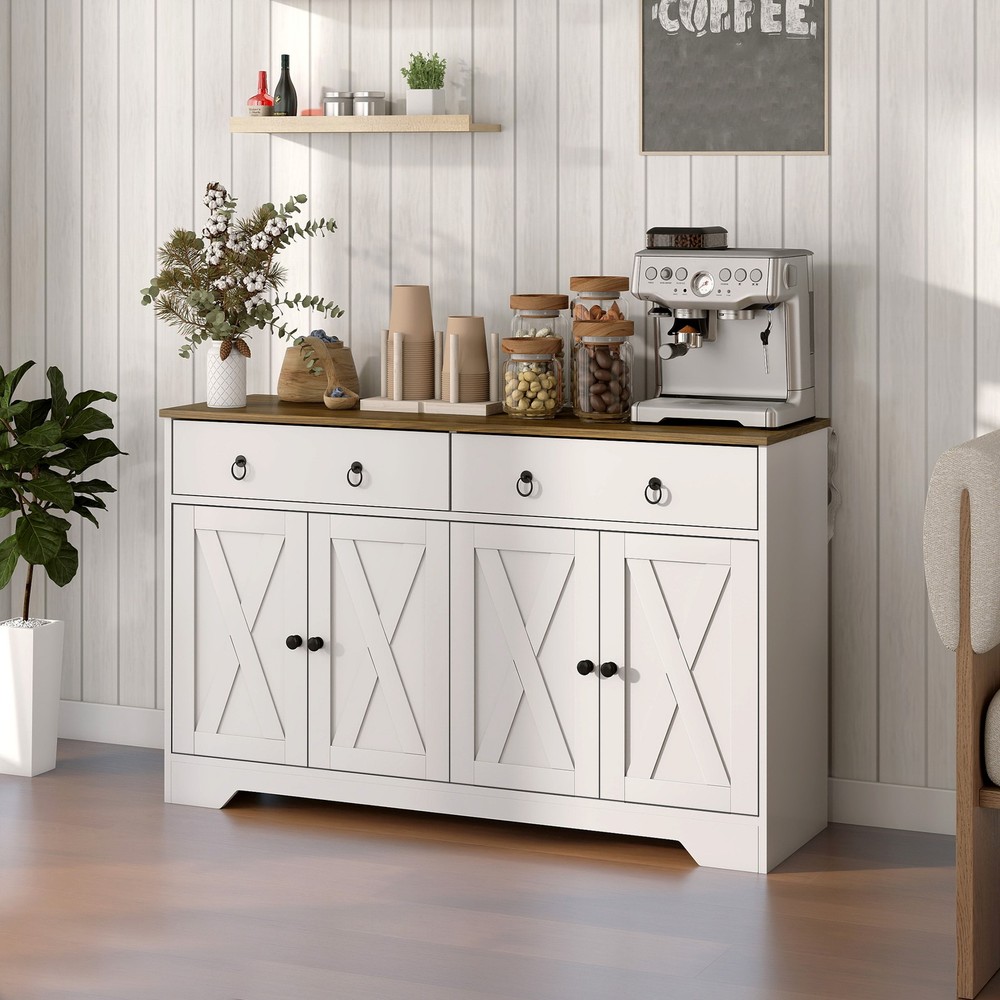Kitchen Storage Sideboard, Buffet Cabinet with Barn Doors, White