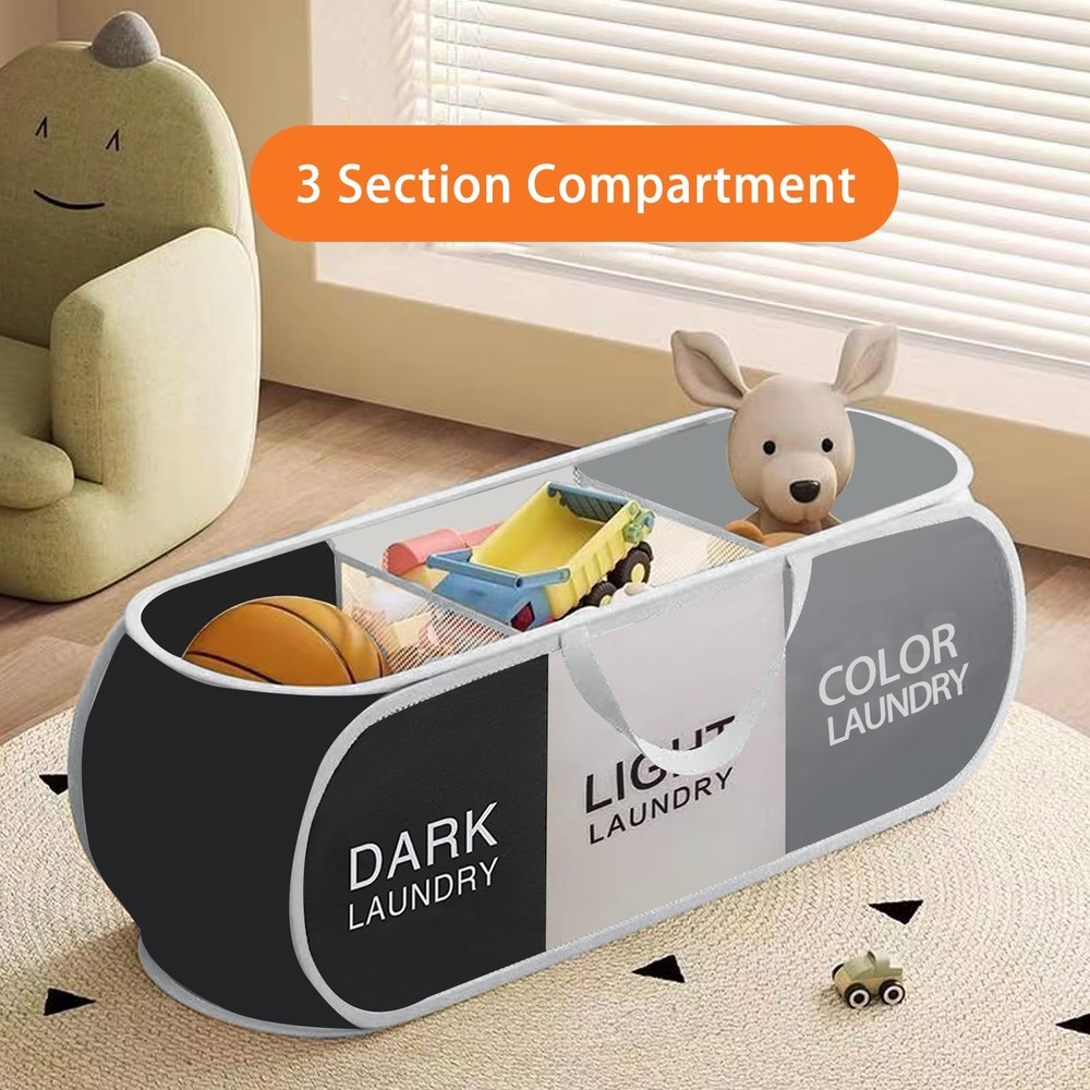 3 Compartment Foldable Pop Up Laundry Hamper Collapsible Sorting Basket