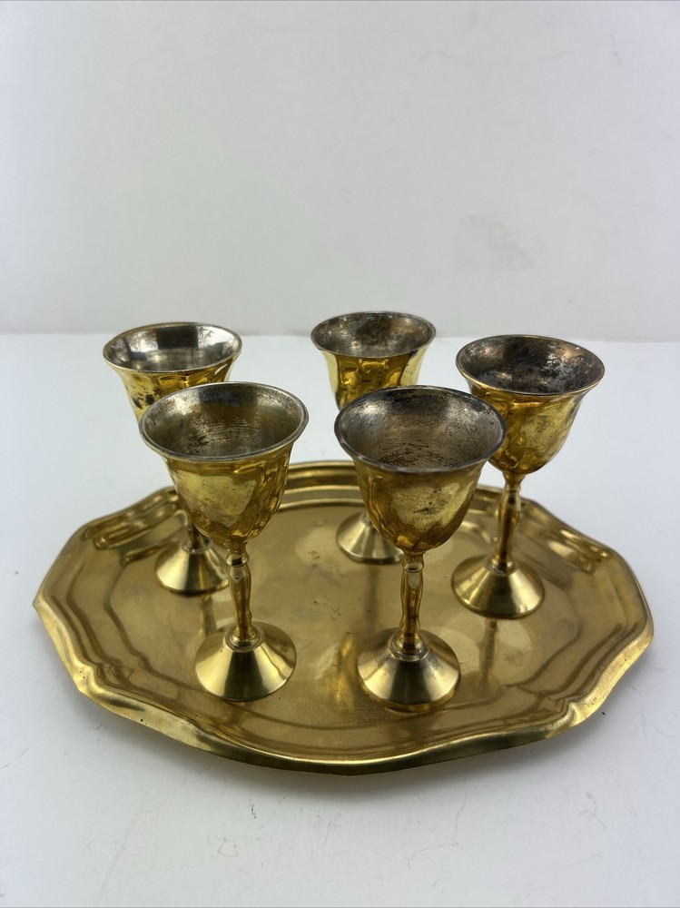 Vintage Mini Brass Goblet Cordials Set With Tray