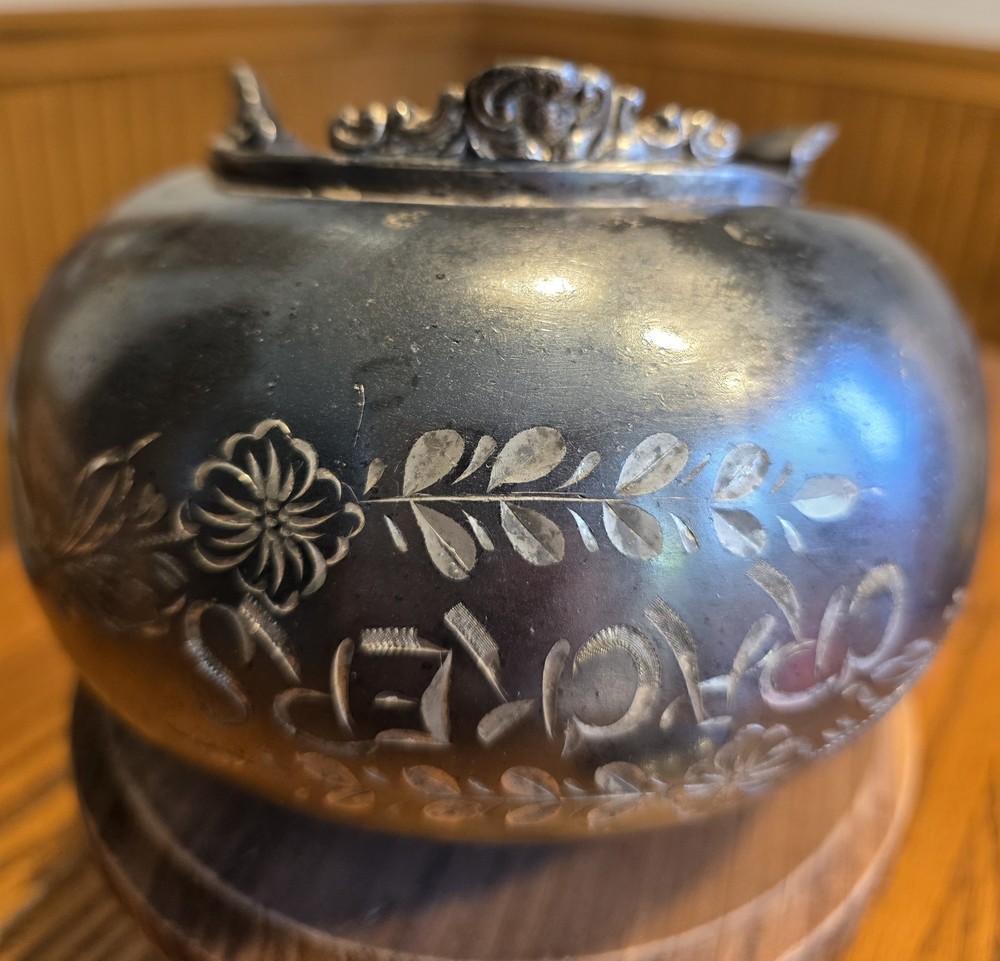 Antique Cracker Jar Quadruple Silverplate With Handle Victorian Etched