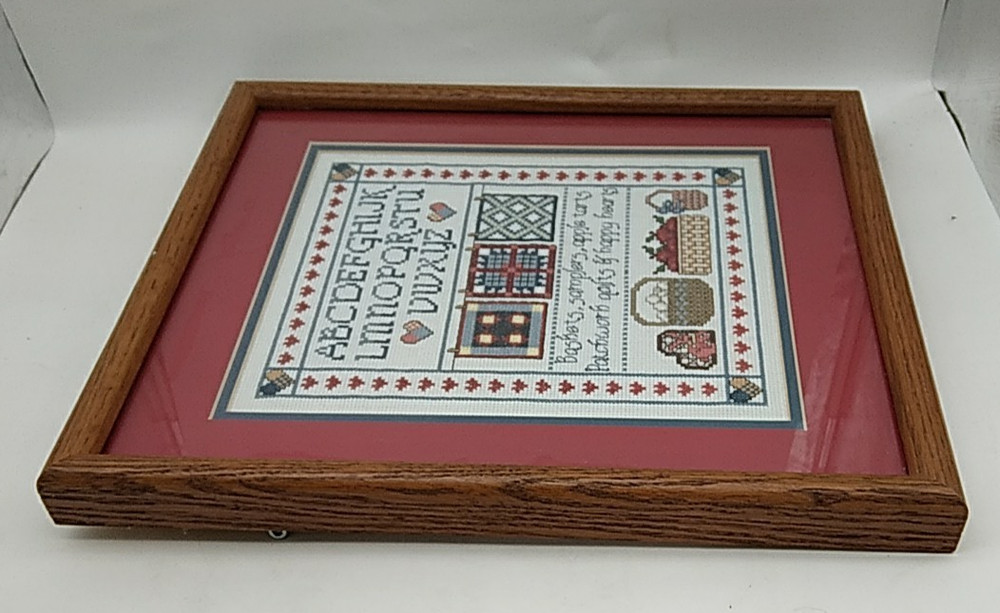 Vintage Framed Matted Completed Cross Stitch ALPHABET SAMPLER Baskets, Quilts +