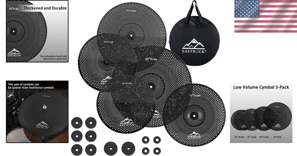 Silent Cymbal Set: 5-Piece Drum Pack for Practice & Performance - Black Finish