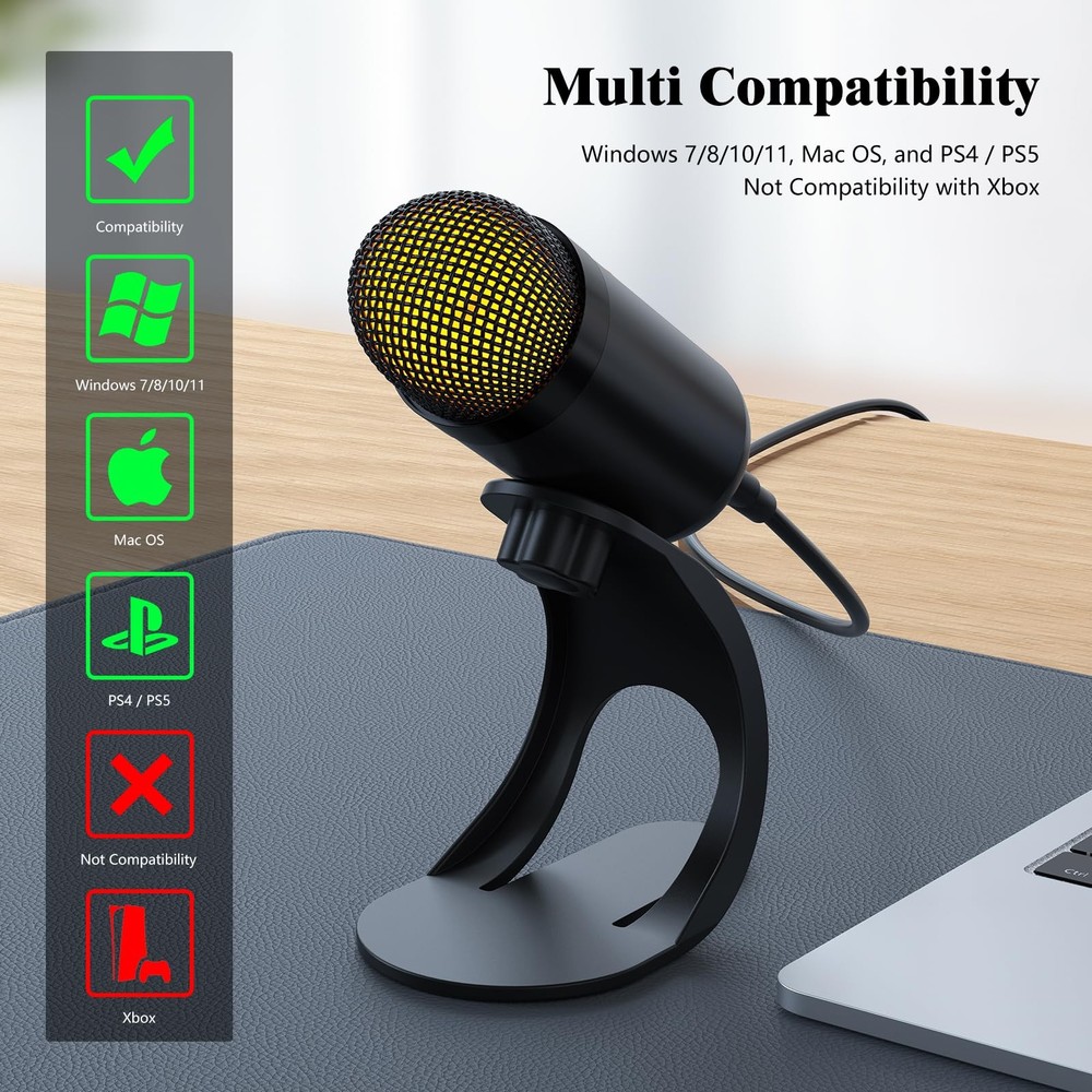 USB Computer Microphone, Podcast Mic Desktop with Mute Button for Recording S...