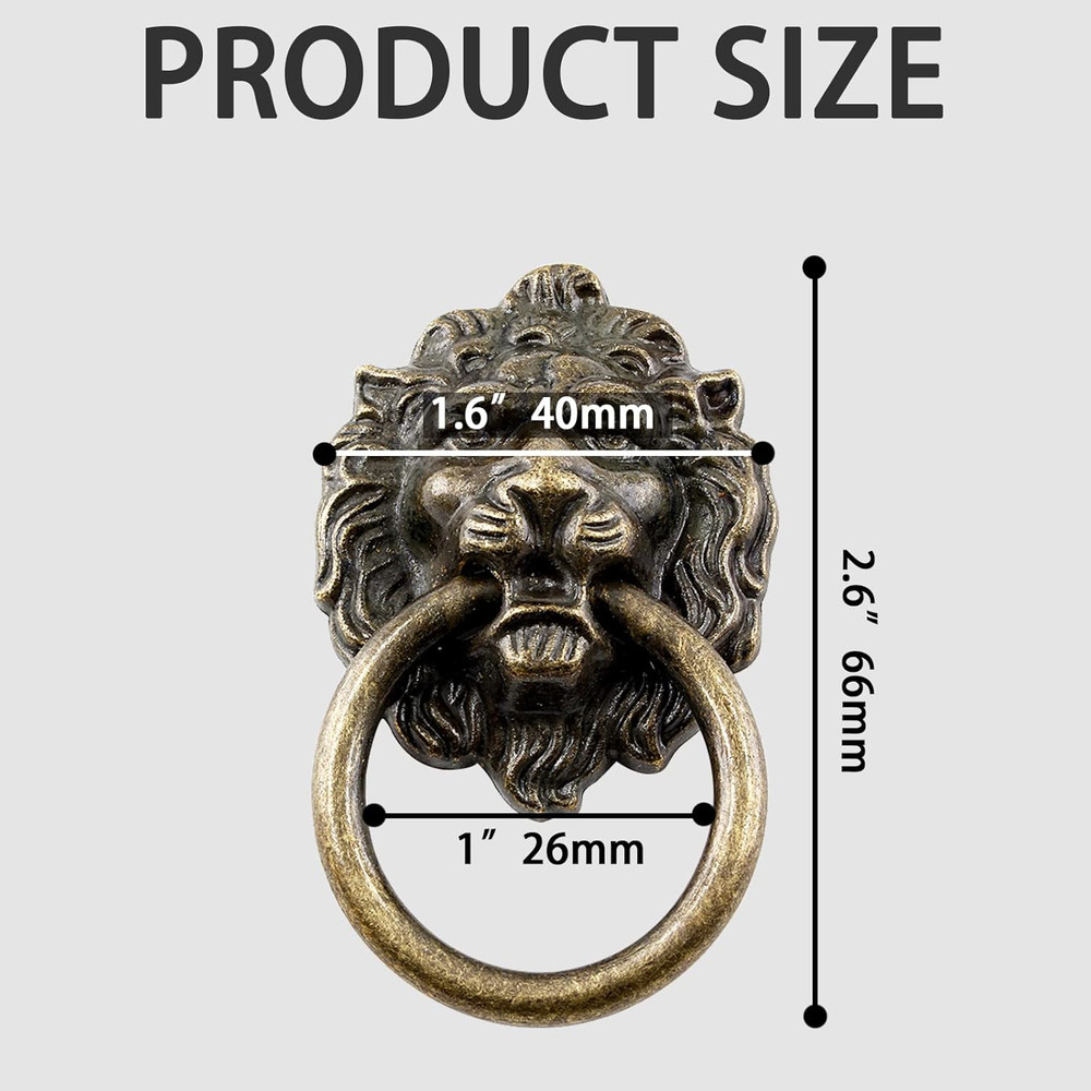 6 Pcs Lion Head Knobs Pull, Antique Bronze Ring Pull Handles for Dresser Draw...