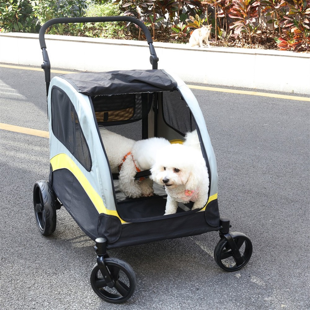 Dividered Two Dogs Stroller One-key Folding Pet Carrier with Shock-proof Wheels