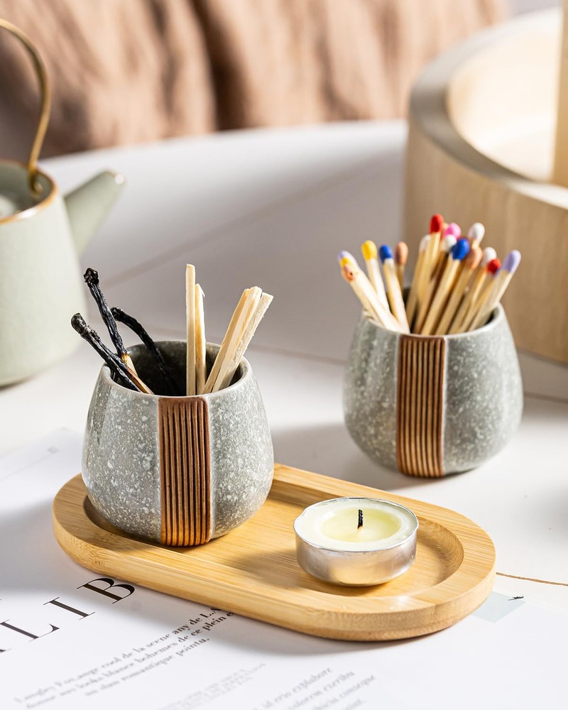 Zoeeker Match Holder Set with Striker - Ceramic Matchstick Container Gray