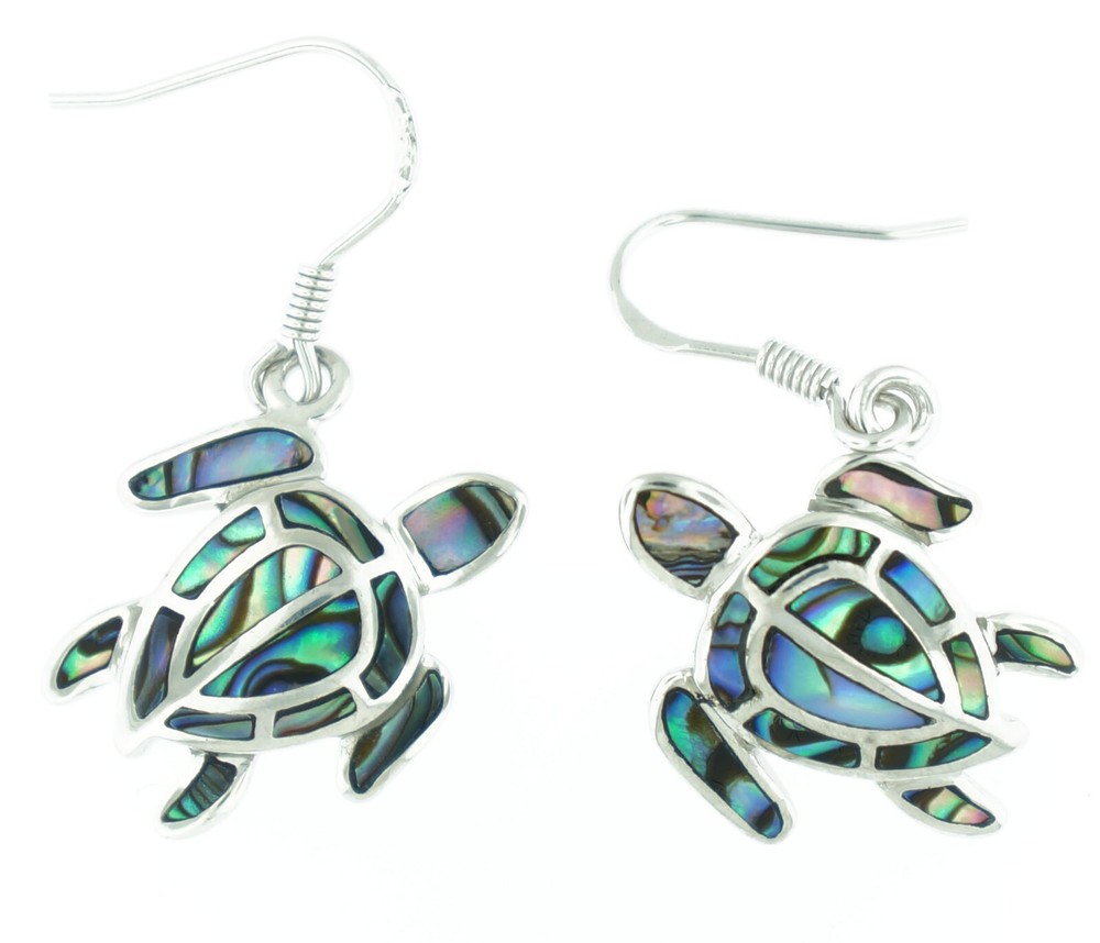 Solid 925 Sterling Silver Natural Abalone Shell Women Sea Turtle Drop Earrings