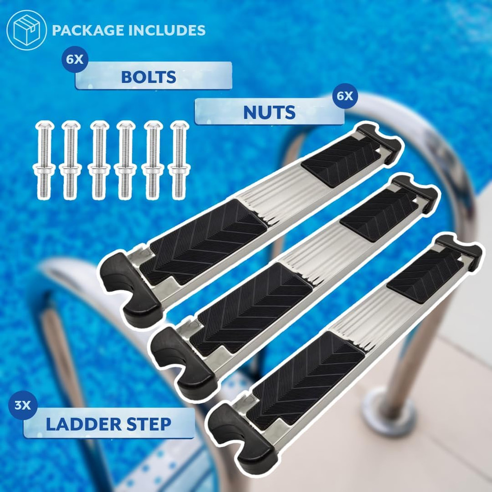 Poolzilla 3 Pack Pool Ladder Replacement Step, Stainless Steel Treaded Design, 1