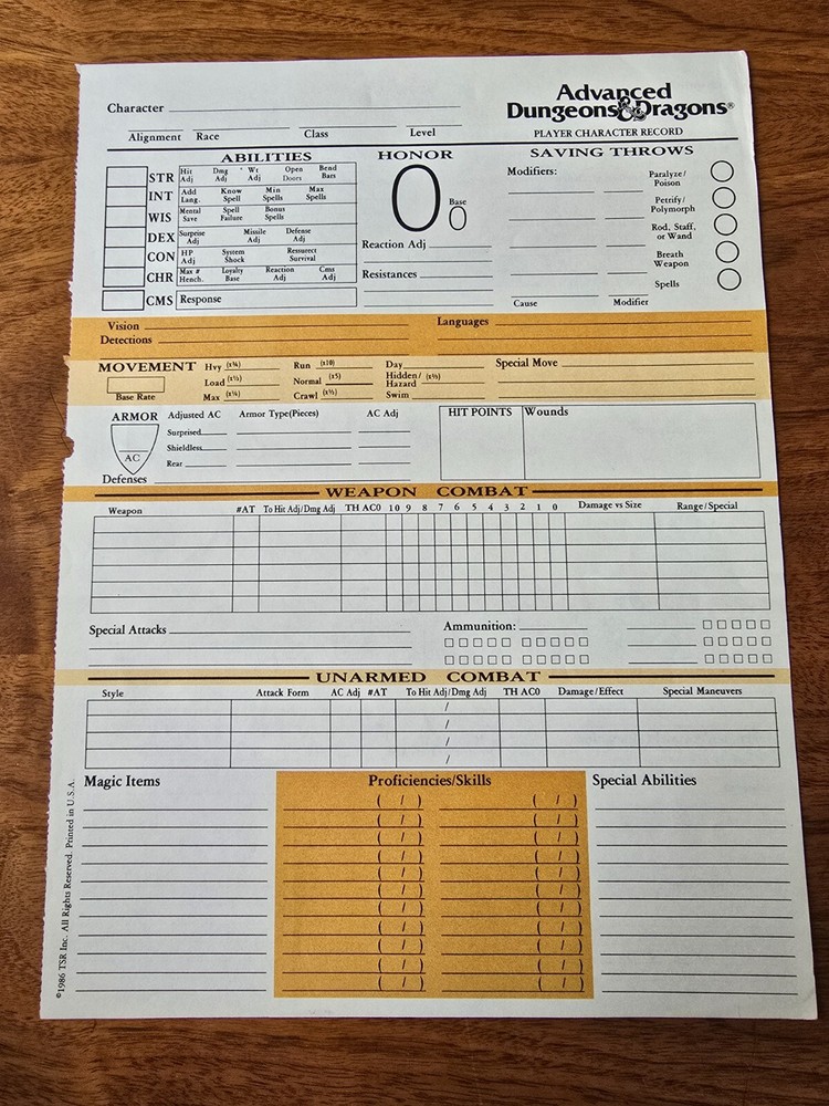 AD&D 1st Edition REF2 Player Character Record Sheet Singles TSR