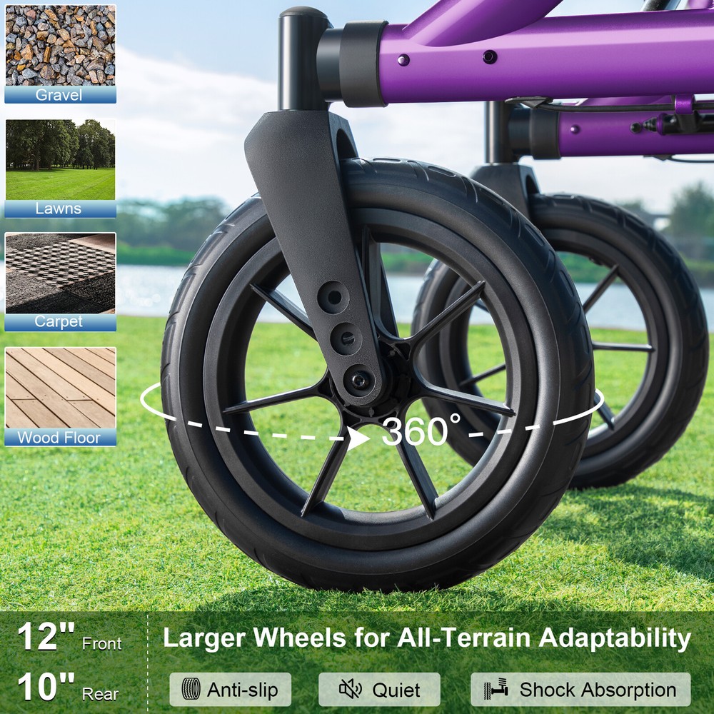 All-Terrain Rollator Walker with 12" Rubber Wheels, Seat & Backrest, Adjustable