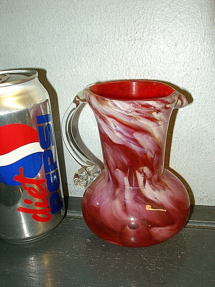 VINTAGE UNUSUAL PILGRIM BLOWN ART GLASS PITCHER RUBY RED - INFUSED WHITE