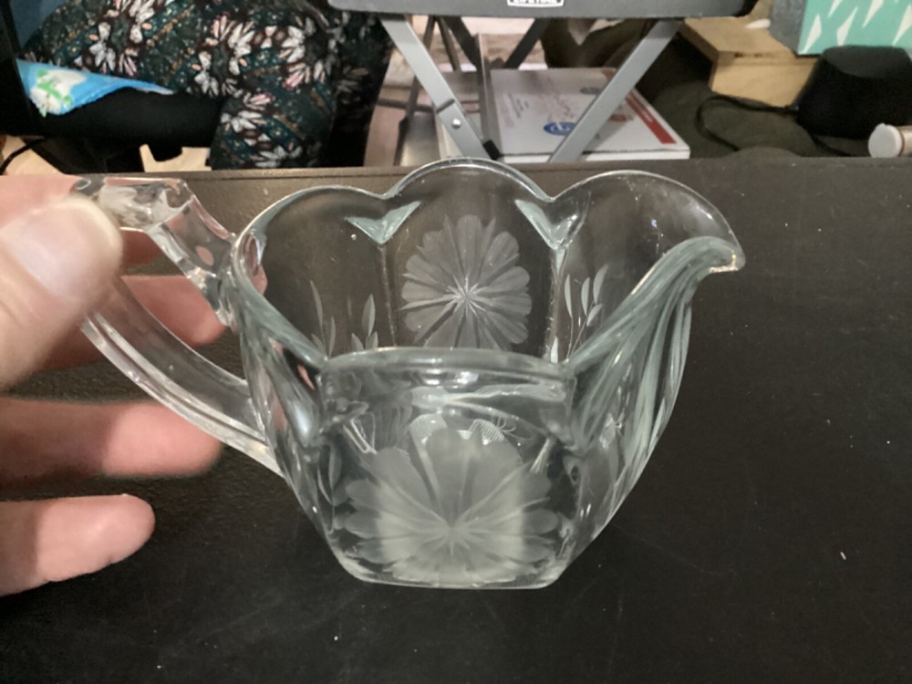 Clear Glass Cream Pitcher w/etched Design