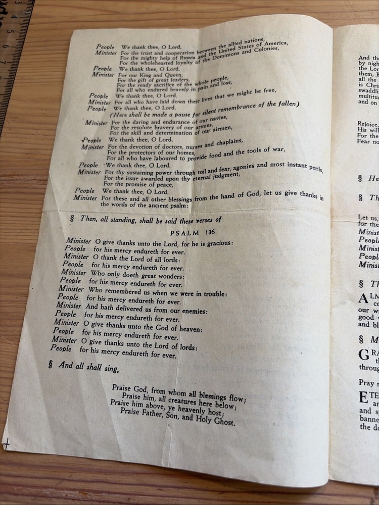 WWII 1945 Thanksgiving For Victory Service Programme Sheet
