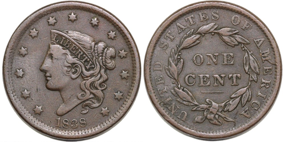 1838 1c N-10 Coronet Matron Head Large Cent