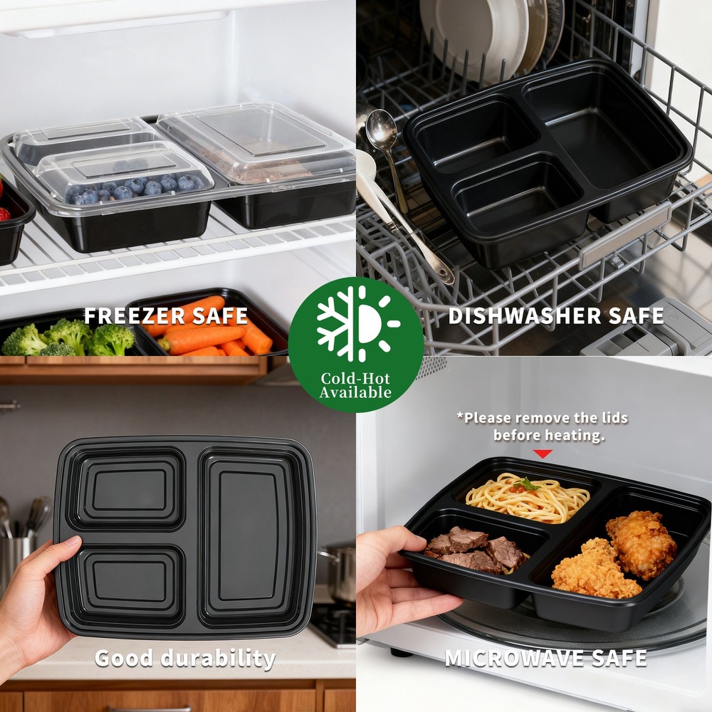 50Packs 39oz 3-Compartment Containers Leakproof Stackable Takeout/Picnic
