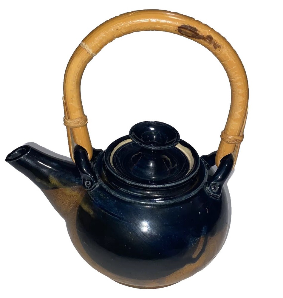 Teapot Signed Pottery Bamboo Handle Blue; Kitchen Decor