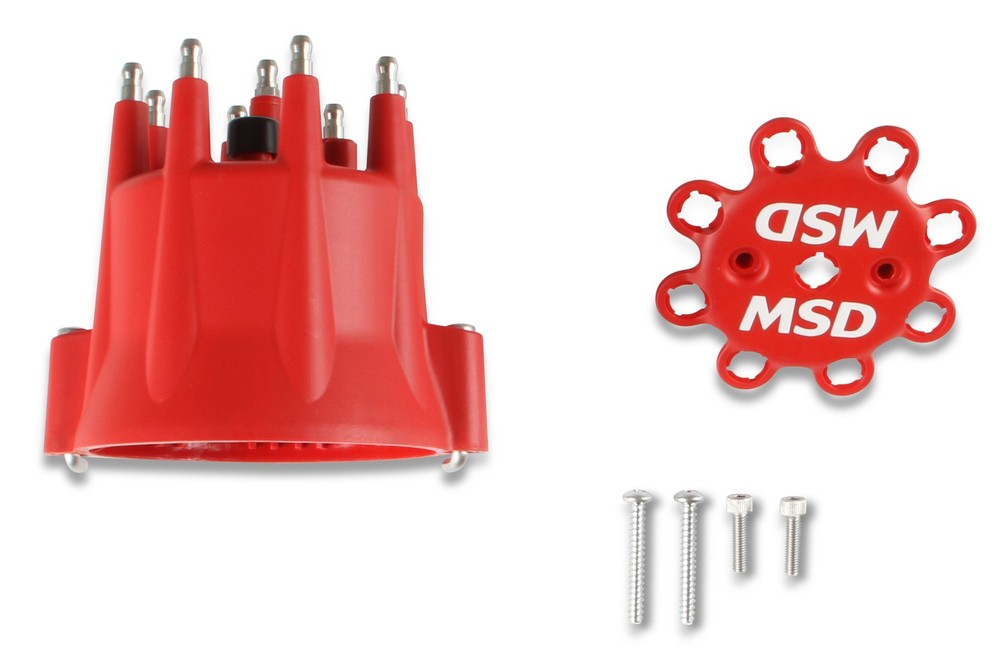 8433 MSD Distributor Cap - V8 - HEI Terminals - Red - Spark Plug Wire Retainer