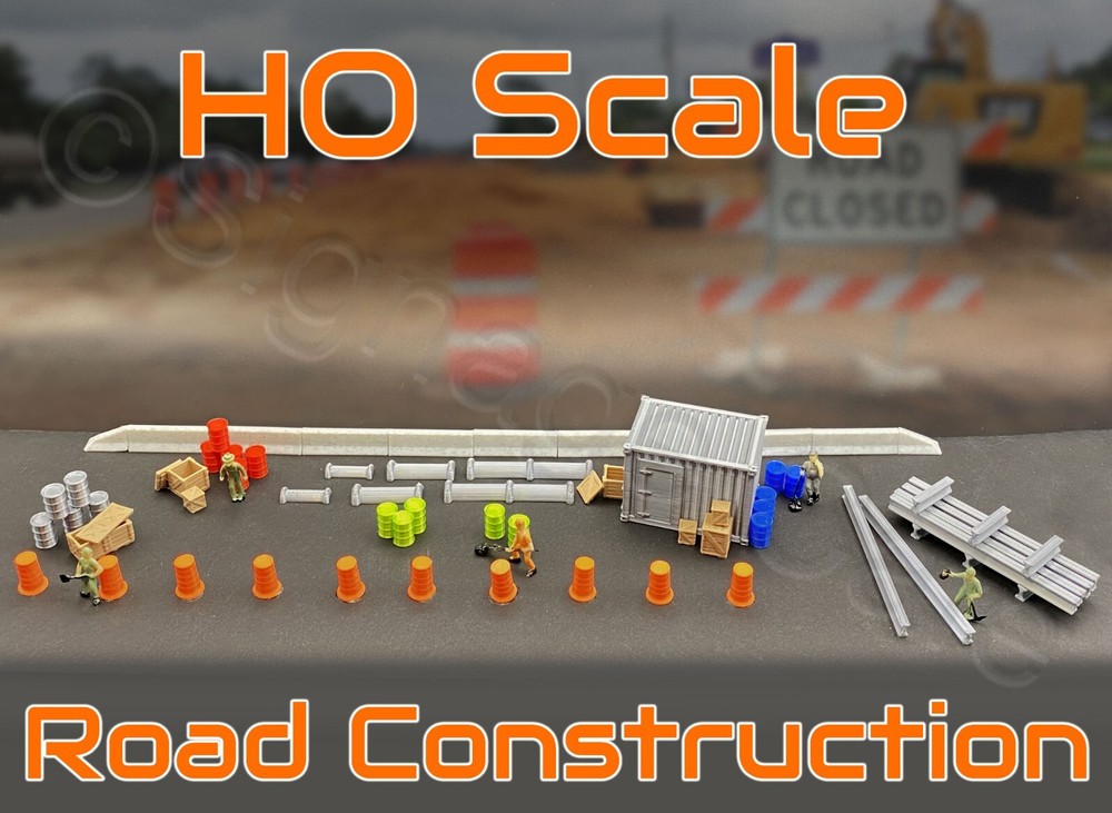 77 pc HO Scale ROAD CONSTRUCTION - 3D Model Railroad Train Scenery with Lights