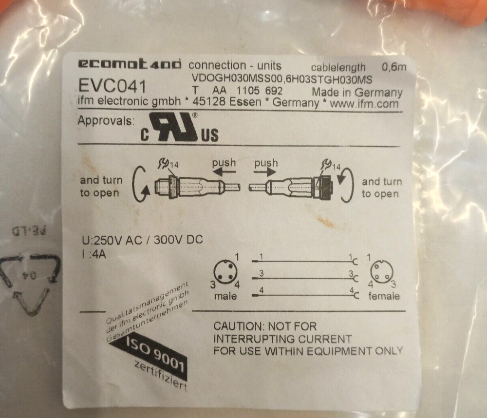 2x ifm electronic EVC041 interconnect cable 3 pole cable 0.6m