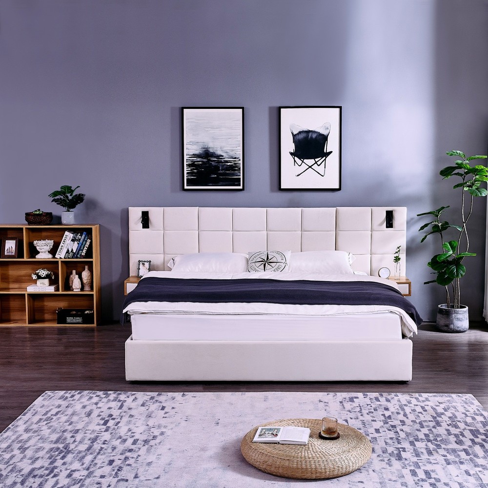 King Size Platform Bed Frame w/ Hydraulic Storage System & 2 Shelves & USB Ports