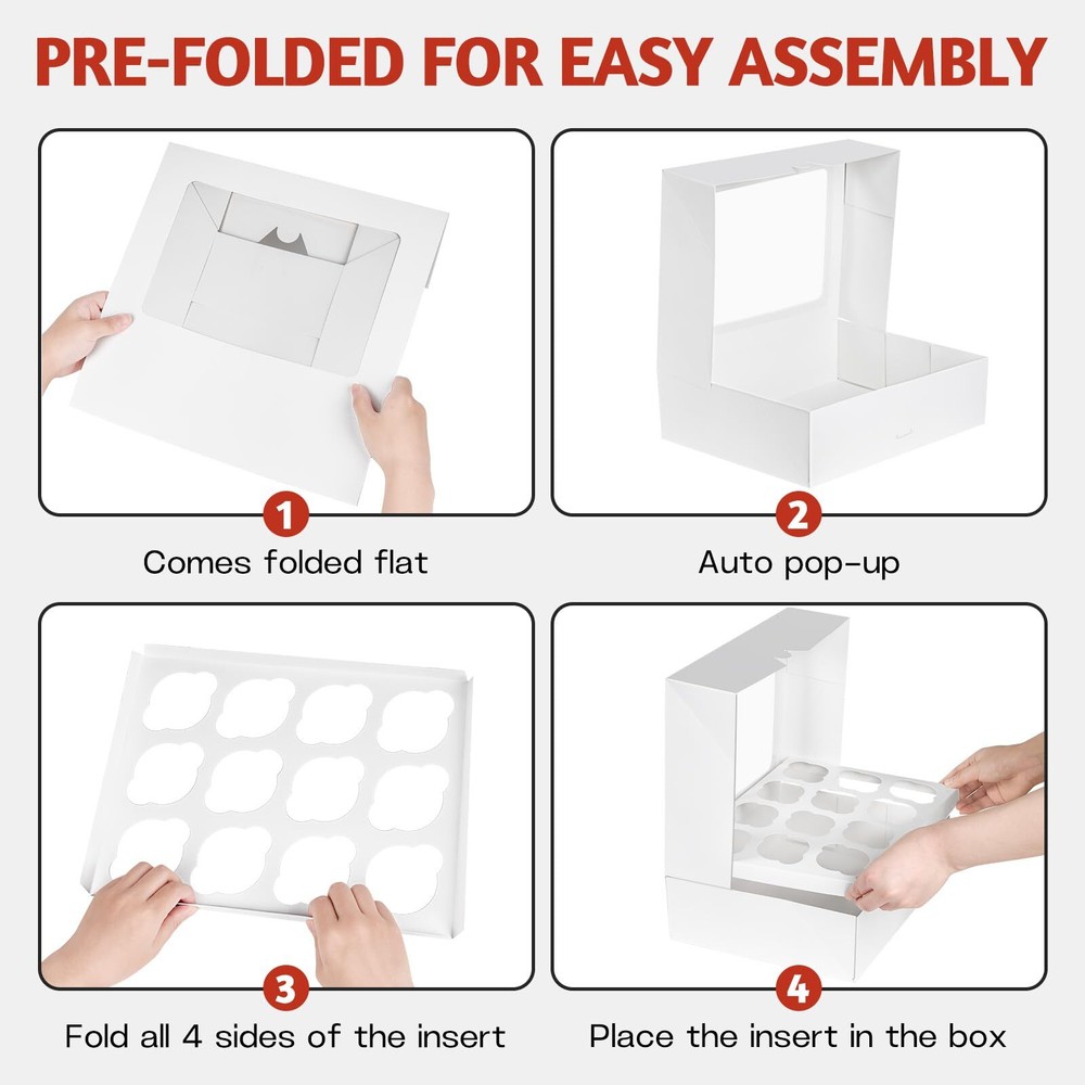 4 Pack 12-Count Cupcake Boxes White Auto-Popup Carrier with Window Inserts