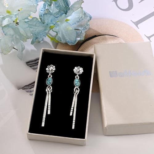 Silver Turquoise Dangle Earrings for Women with Daisy Studs Boho Style Long