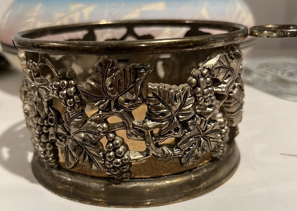 Silver Plated Wine Bottle Coaster Godinger Silver  Co Grape Design Nice Patina