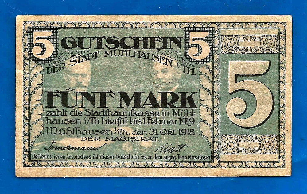 1919 NOTGELD MUHLHAUSEN 5 FIVE MARKS note bill