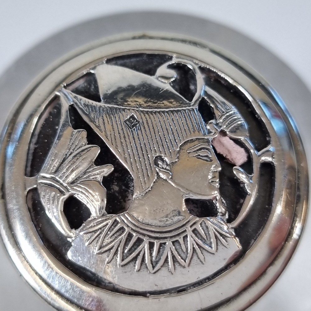 Egyptian Solid Silver Pill Trinket Box Decorated With Pharoah 3.4cm Diameter