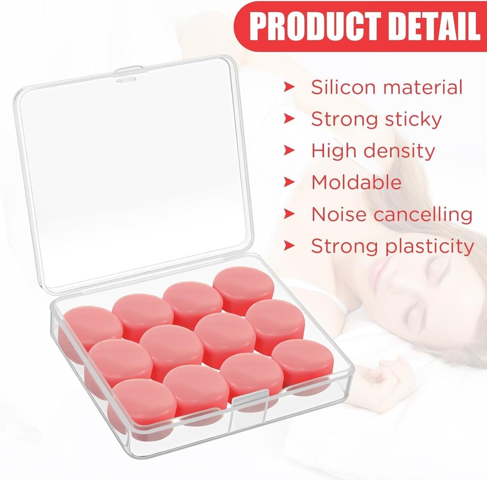 12 Pack Soft Ear Plugs for Sleeping, Reusable Moldable Silicone Earplugs Nois...