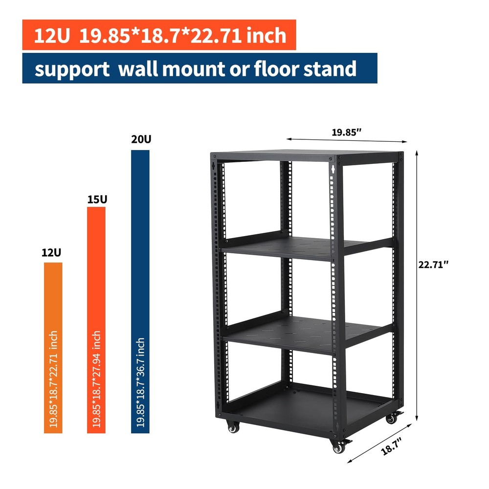12/15/20U Open Frame Network/Server Rack for IT & AV Gear Floor Standing Wall Mo