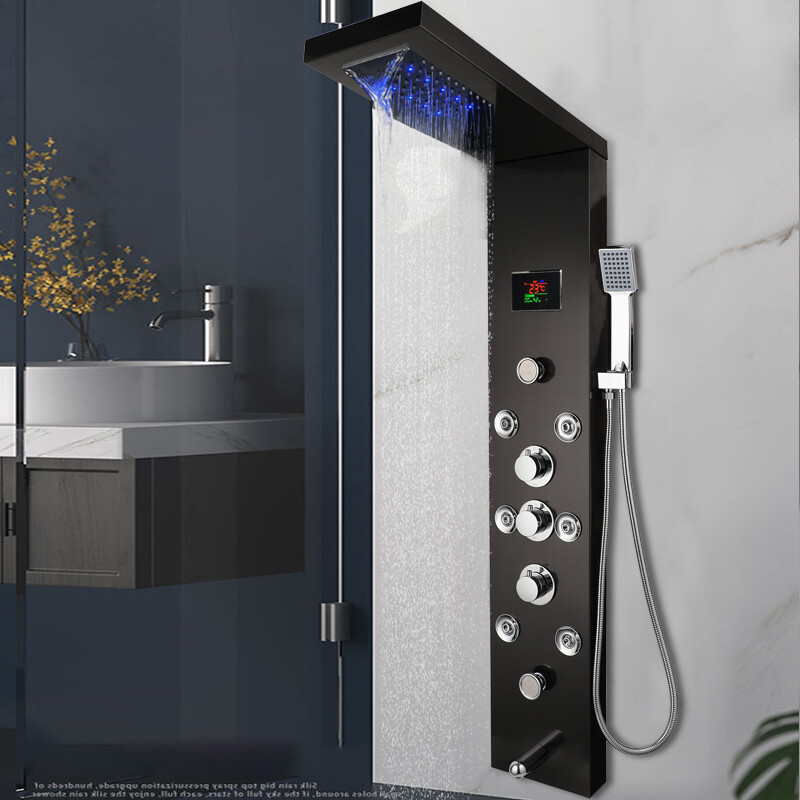 Bathroom Brushed Black ELD Massage Jets Shower Panel Digital Column Faucet Set