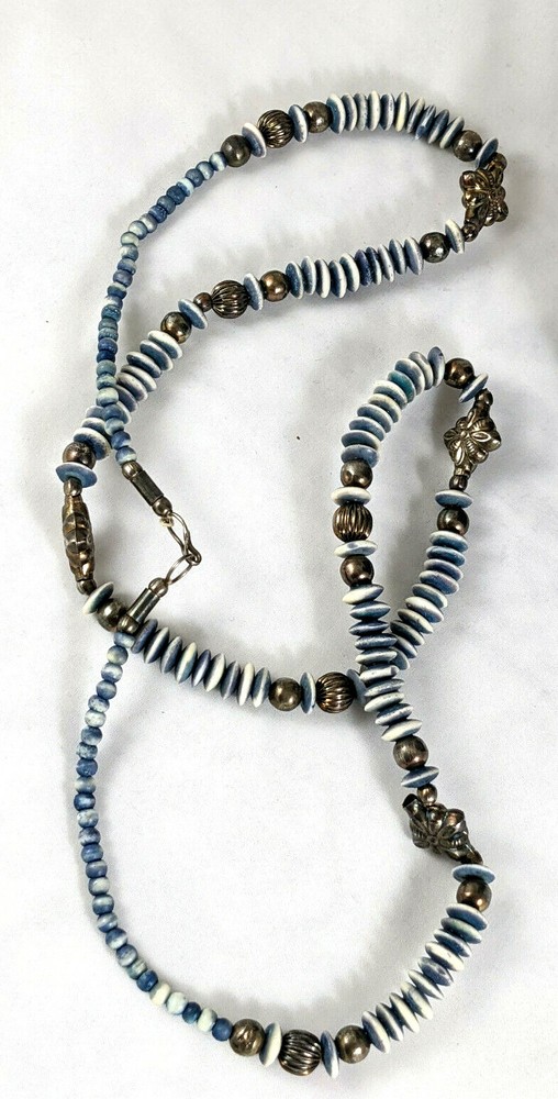 Vintage Boho Long Blue White w/ Silver Tone Necklace