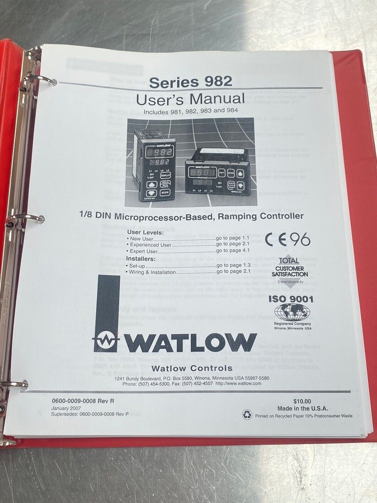 Watlow Series 982 1/8 DIN Microprocessor-based Controller - Users Manual / Book
