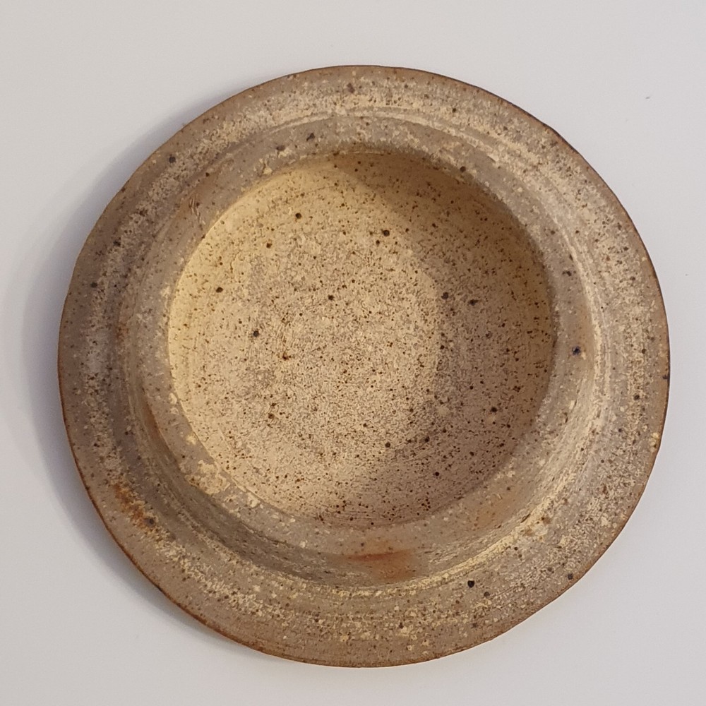 Vintage MCM Earthenware Covered Jar Ash Glaze Threaded 6.5"H Signed