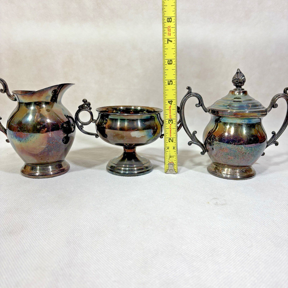 Vintage Silverplate Lot Handled Rectangular Tray Lidded Sugar Bowl Creamer Set