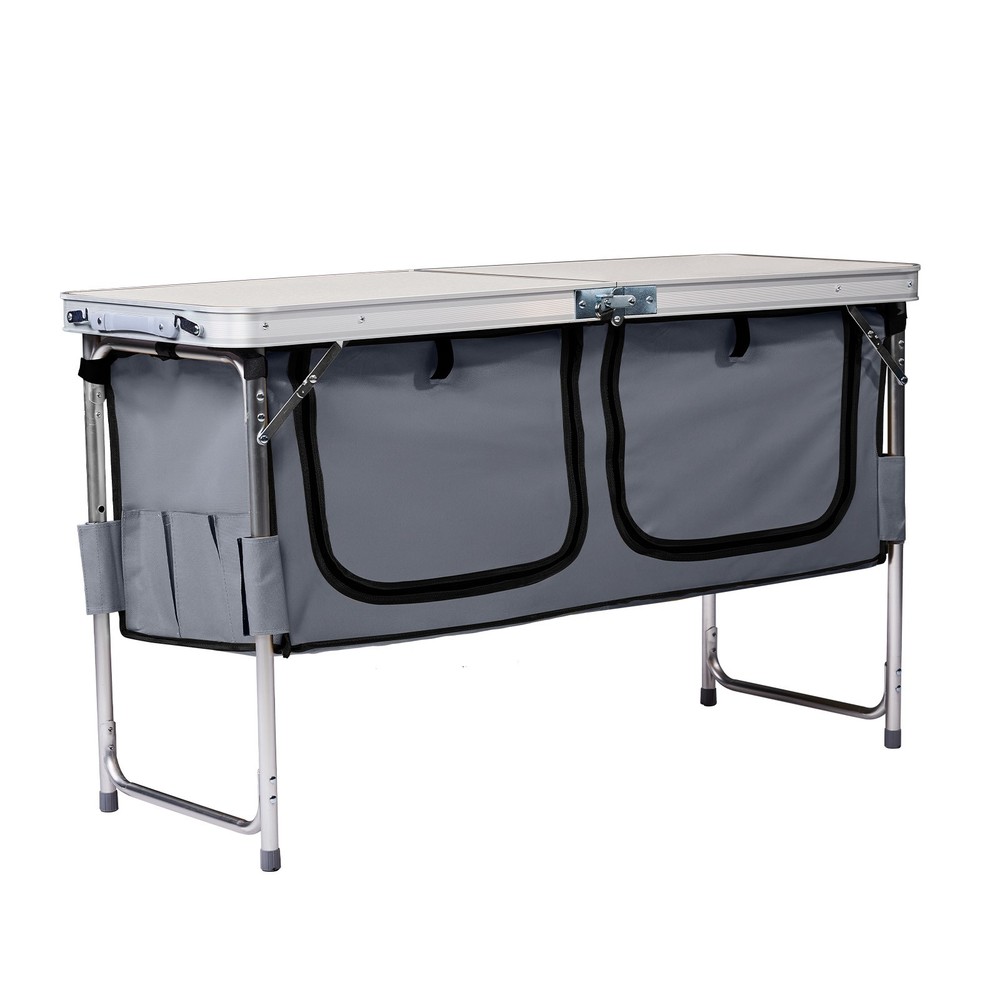 4ft White Folding Camping Table w/ Storage & Adjustable Height, Portable