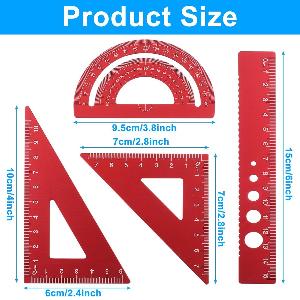 4Pcs Triangular Ruler Set Aluminum Alloy Ruler Geometry Set for Student Engineer